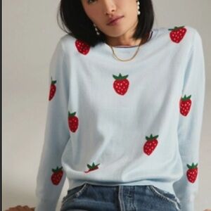 Clare V Red and White Crew Neck Sweater with Strawberry Design size Large